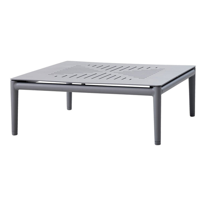 Gray metal coffee table with a slatted pattern and minimalist design, ideal for modern outdoor or indoor settings.