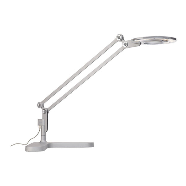 Sleek silver lamp with adjustable arm and circular light, showcasing a minimalist design perfect for any workspace.