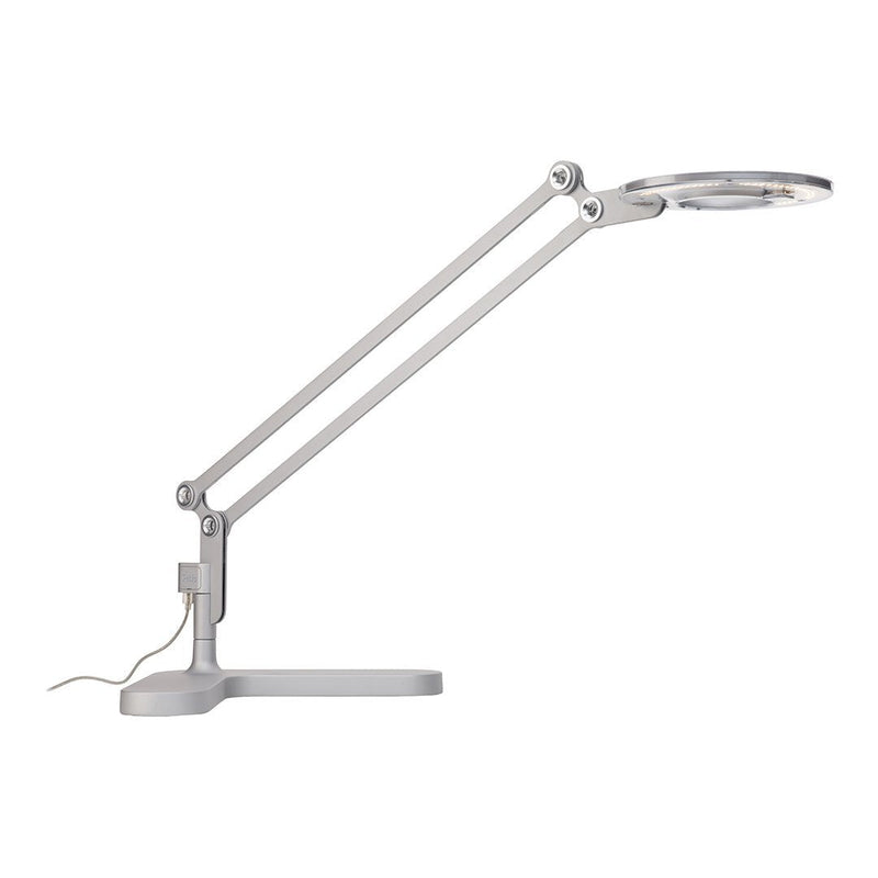Sleek silver lamp with adjustable arm and circular light, showcasing a minimalist design perfect for any workspace.