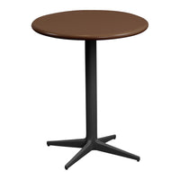 Round brown tabletop on a sleek black pedestal base, perfect for modern spaces.