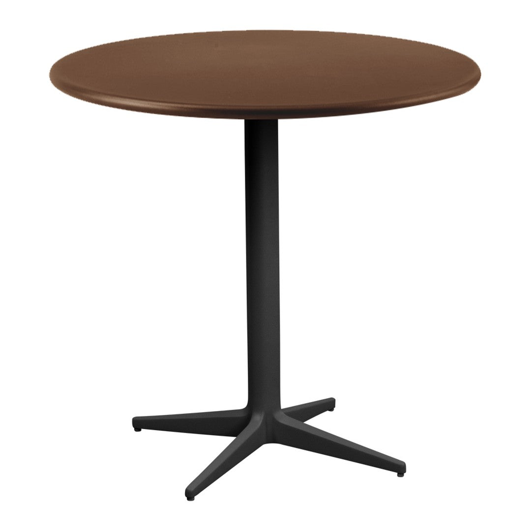Round brown tabletop with a sleek black base, featuring a modern minimalist design suitable for various settings.