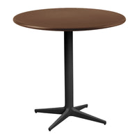 Round brown tabletop with a sleek black base, featuring a modern minimalist design suitable for various settings.