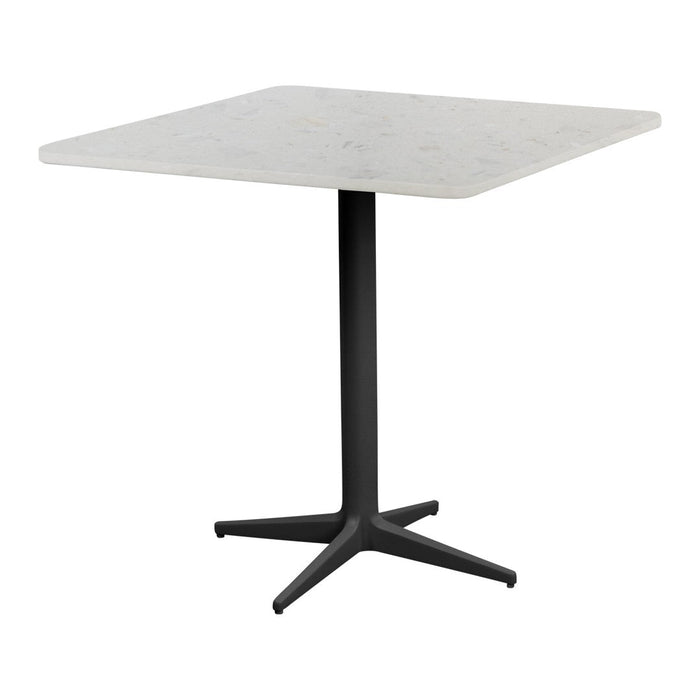 Square table with a white speckled top and a sleek black base, showcasing modern minimalist design.