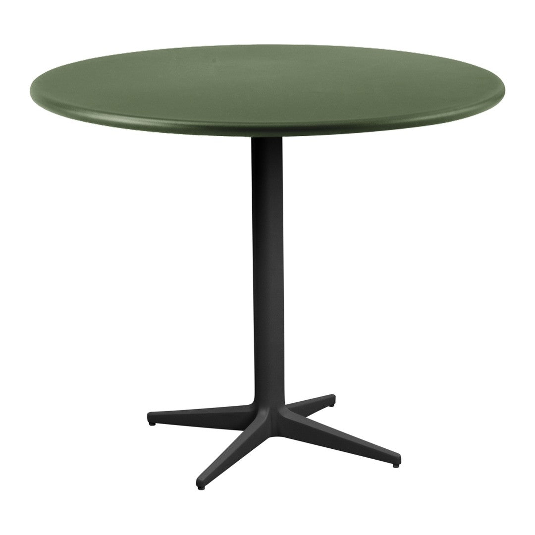 Green round tabletop with a matte finish supported by a sleek black pedestal base and four angled legs.