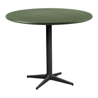 Green round tabletop with a matte finish supported by a sleek black pedestal base and four angled legs.
