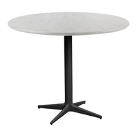 Round table with a smooth white marble top and a sleek black metal base, perfect for modern decor.