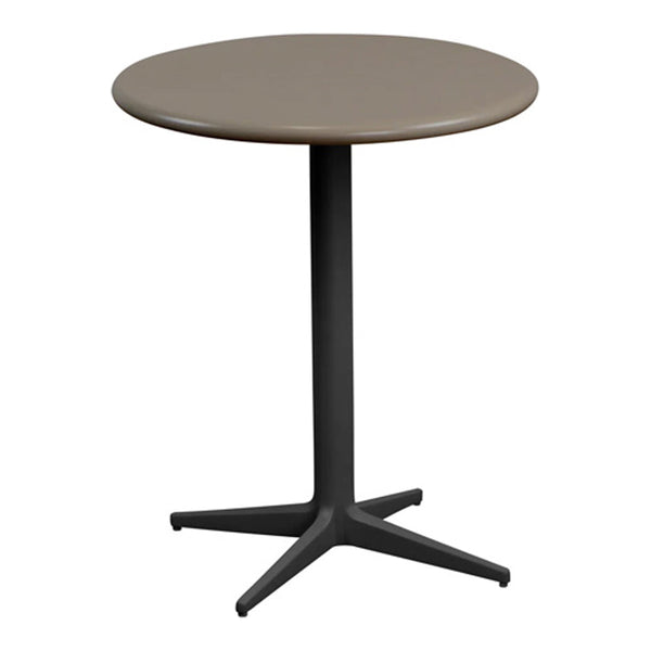 Round table with a taupe top and a matte black base, featuring a sleek, modern design and four sturdy legs.