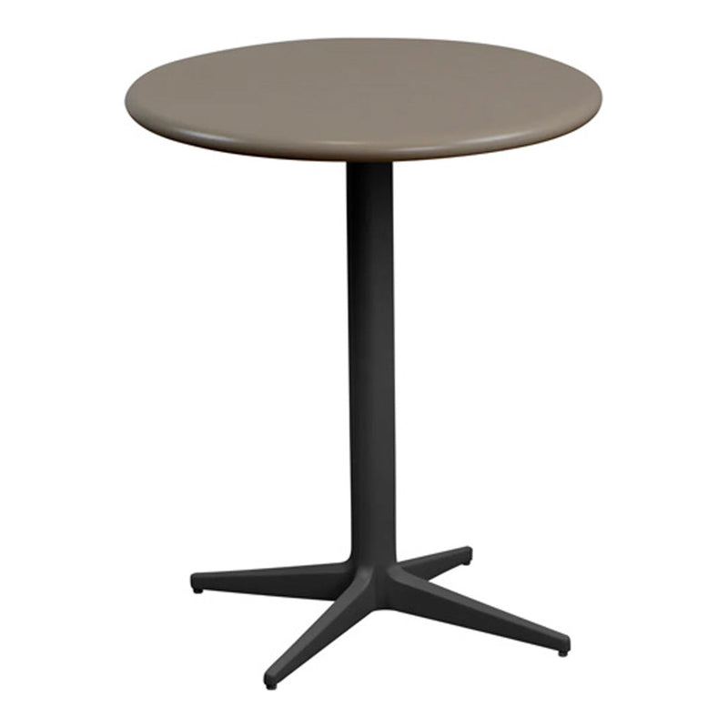 Round table with a taupe top and a matte black base, featuring a sleek, modern design and four sturdy legs.