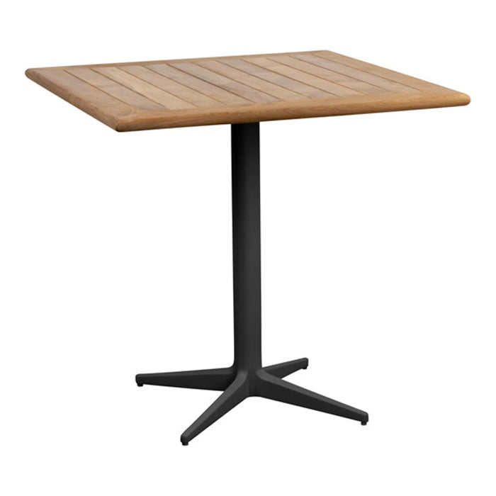 Wooden slatted tabletop in natural oak finish with a sleek black metal base; modern and stylish design.