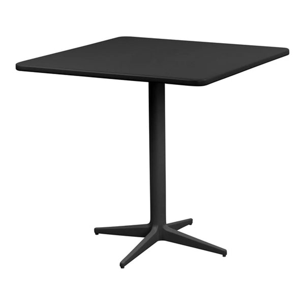 Black square table with a sleek, matte finish and a minimalist design featuring a single central pedestal base.