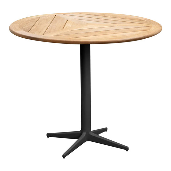 Round wooden table with a natural wood finish and a sleek black metal base, featuring stylish diagonal patterns.