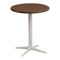 Round table with a brown top and a white, four-legged base, perfect for modern dining spaces.