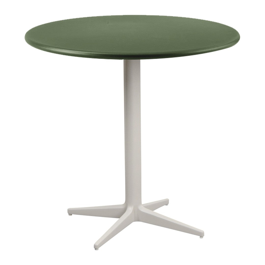 Green round tabletop with a smooth finish and a white, sleek, four-legged base, ideal for modern decor.