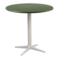 Green round tabletop with a smooth finish and a white, sleek, four-legged base, ideal for modern decor.