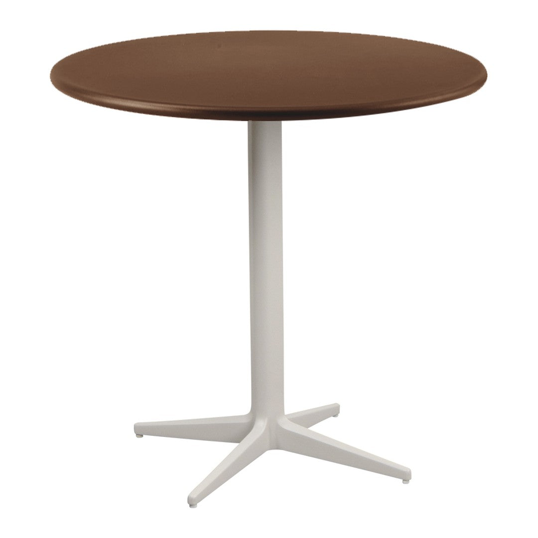 Brown round tabletop with a smooth finish, featuring a sleek white four-legged base for a modern look.