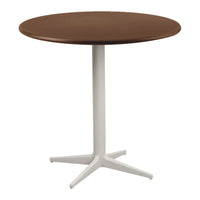 Brown round tabletop with a smooth finish, featuring a sleek white four-legged base for a modern look.