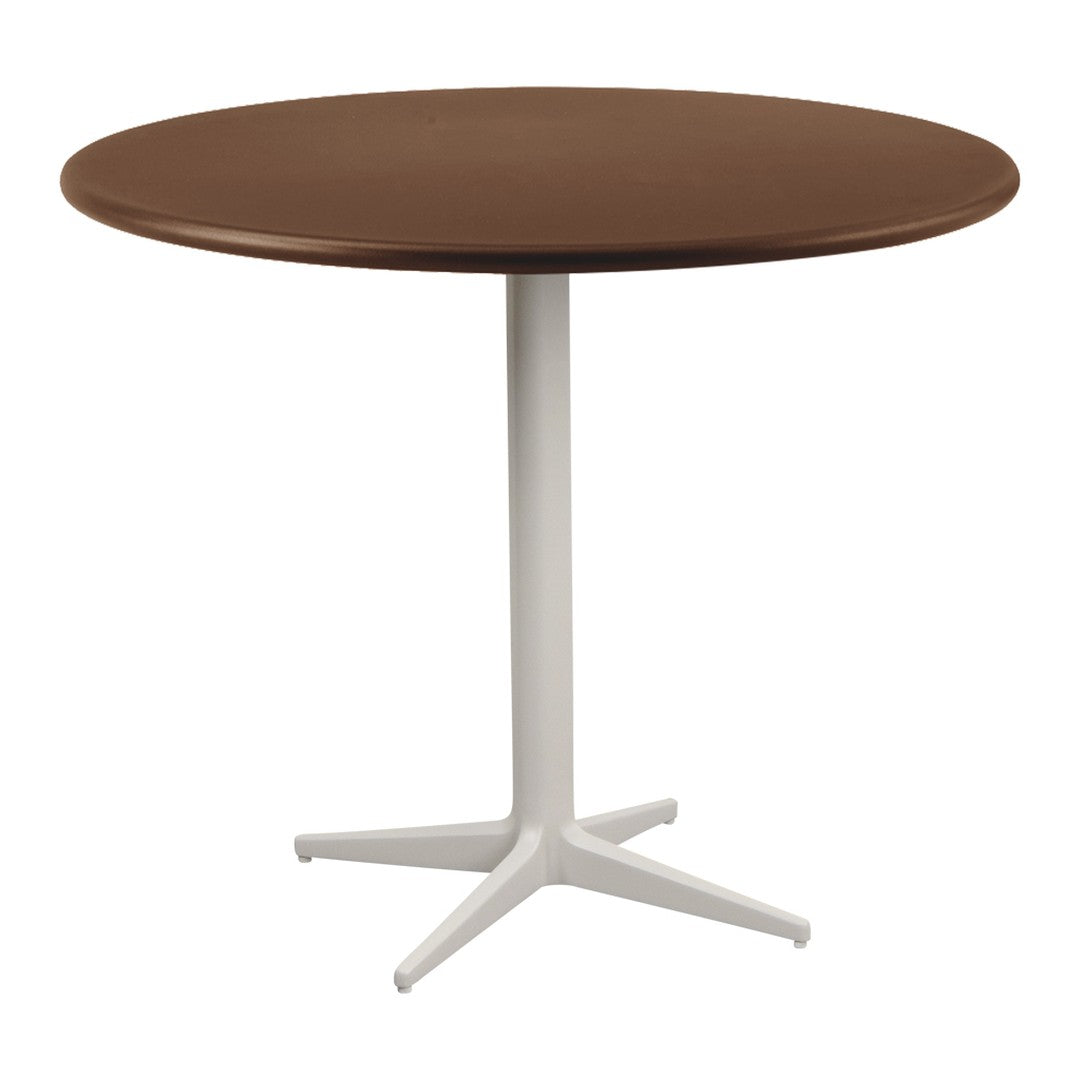 Round table with a rich brown wood top and a sleek white metal base, showcasing a modern, minimalist design.