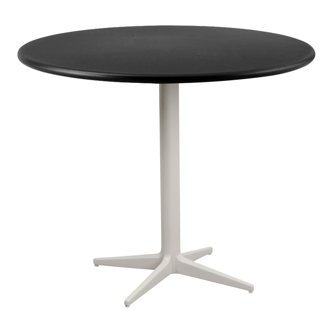 Round black tabletop with a smooth finish, supported by a sleek white pedestal base, perfect for modern decor.