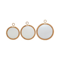 Set of three round mirrors with natural bamboo frames, featuring clear reflective surfaces and minimalist design.
