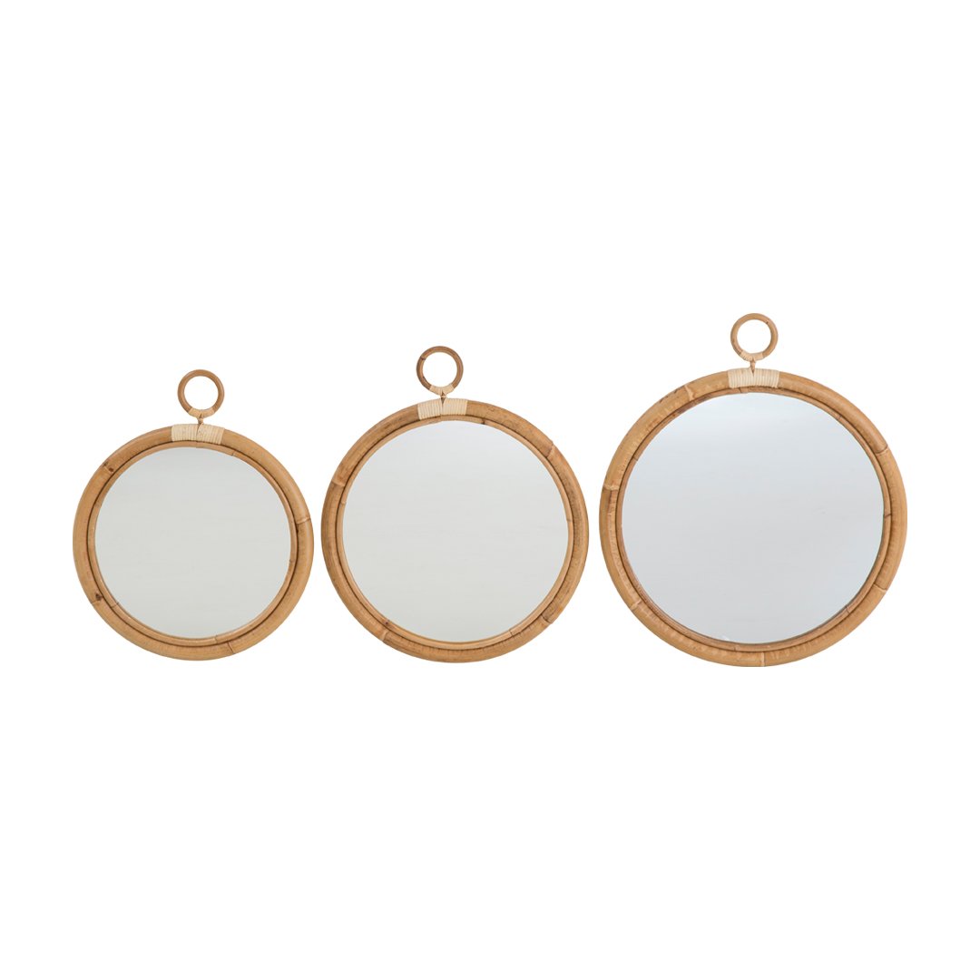 Set of three round mirrors with bamboo frames, featuring natural tones and smooth, reflective surfaces.