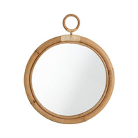 Round bamboo mirror with natural wood tones and a textured finish, featuring a circular design and hanging loop.