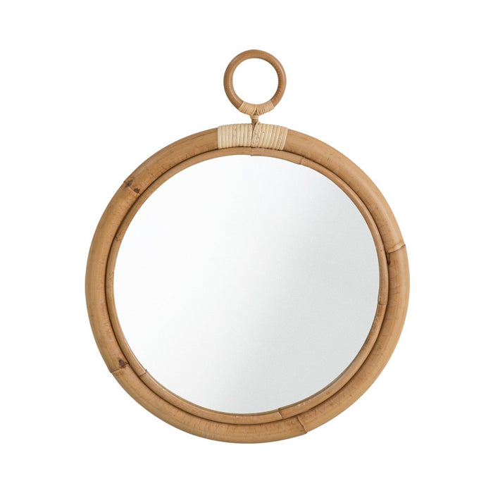 Round bamboo mirror with natural wood tones and a textured finish, featuring a circular design and hanging loop.