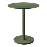 Green round table with a smooth finish and a sleek, modern design for contemporary spaces.