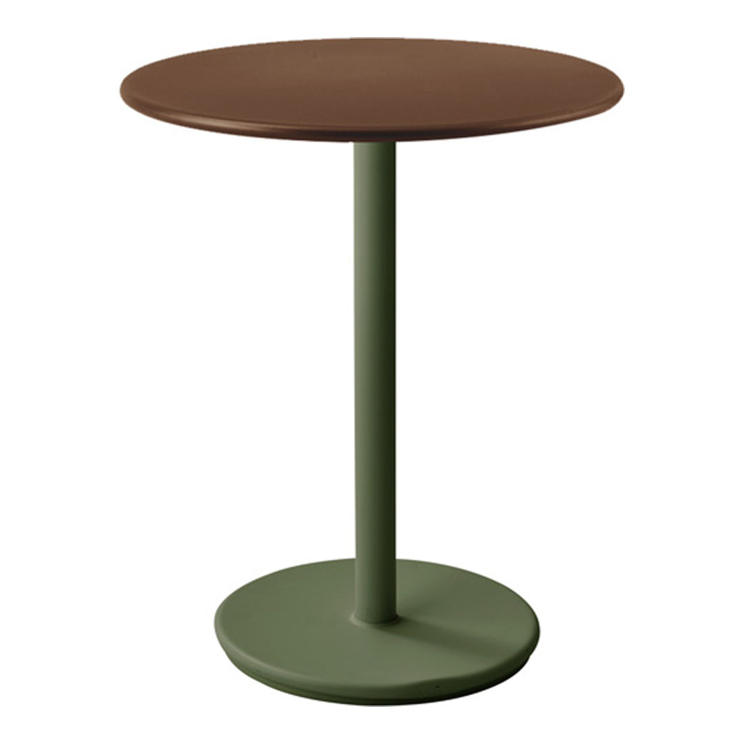 Round side table with a brown top and green base, featuring a sleek, modern design. Perfect for any decor.