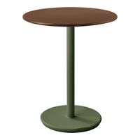 Round side table with a brown top and green base, featuring a sleek, modern design. Perfect for any decor.