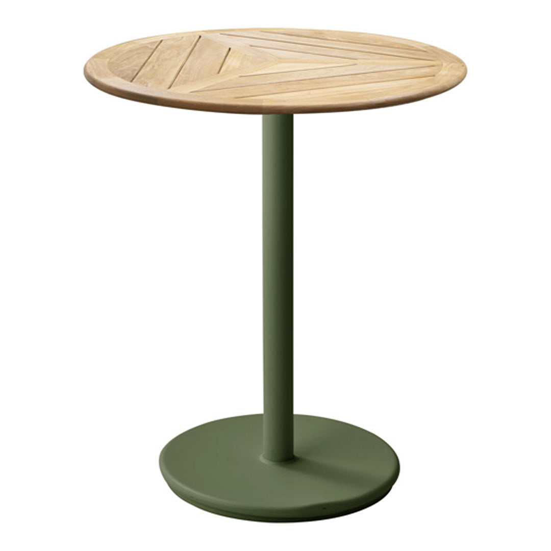 Wooden round tabletop with a diagonal pattern, green metal base, modern design, perfect for outdoor settings.