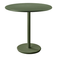 Round green table with a solid smooth finish and a minimalist design, perfect for modern decor.