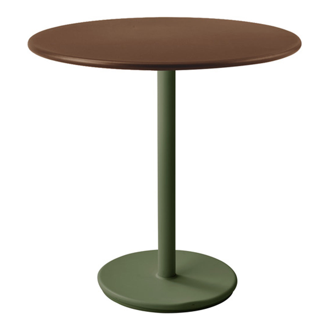 Round table with a brown top and green base, featuring a sleek modern design and minimalistic style.