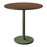 Round table with a brown top and green base, featuring a sleek modern design and minimalistic style.
