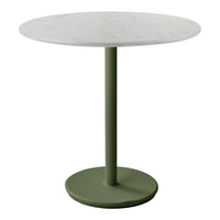 Round table with a white speckled tabletop and an olive green base, featuring a sleek, minimalist design.