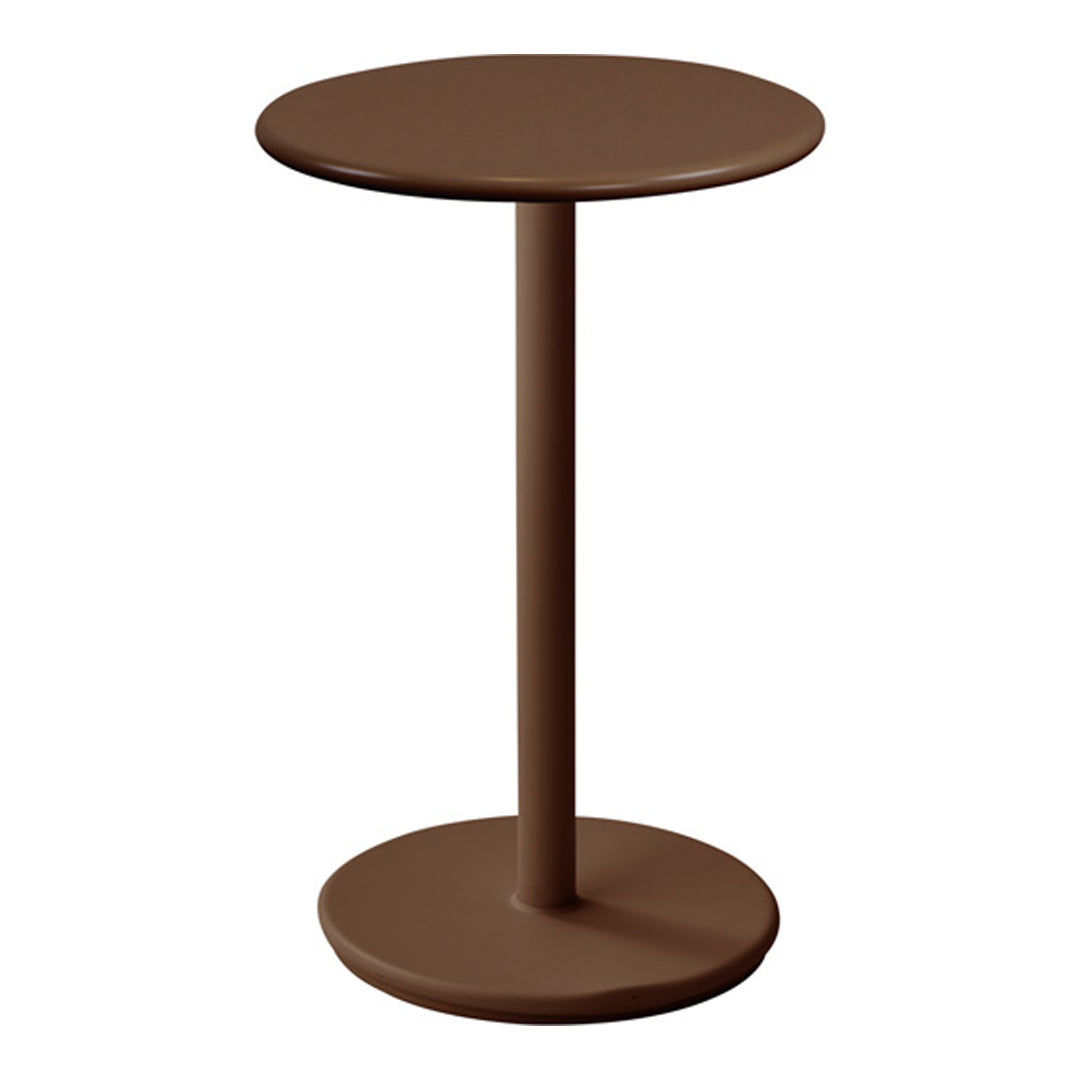 Round brown side table with a sleek, minimalist design and smooth, solid surface. Ideal for modern interiors.