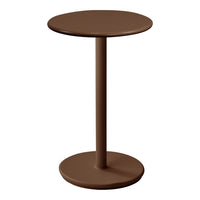 Round brown side table with a sleek, minimalist design and smooth, solid surface. Ideal for modern interiors.