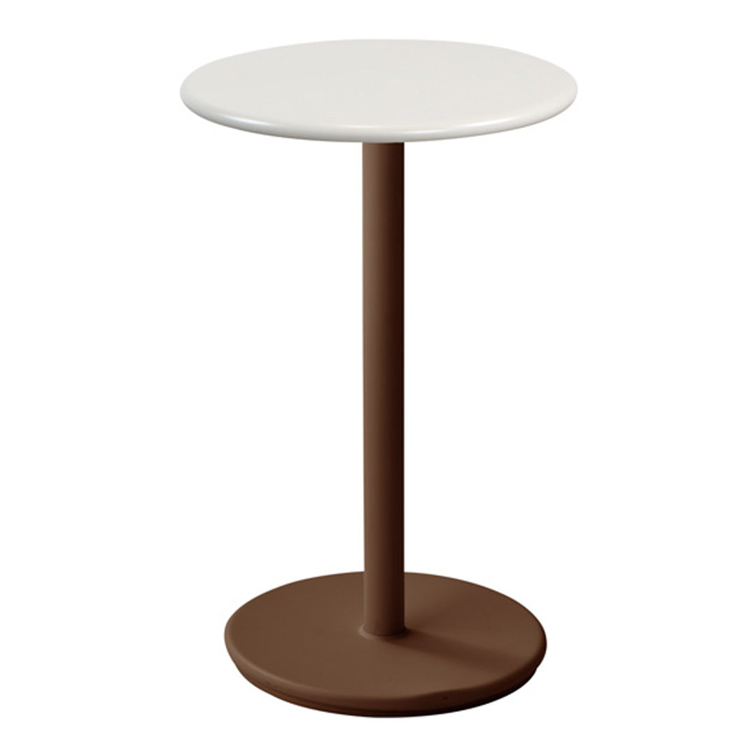Round side table with a white top and brown base, featuring a sleek modern design. Perfect for any decor style.