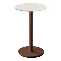 Round side table with a white top and brown base, featuring a sleek modern design. Perfect for any decor style.