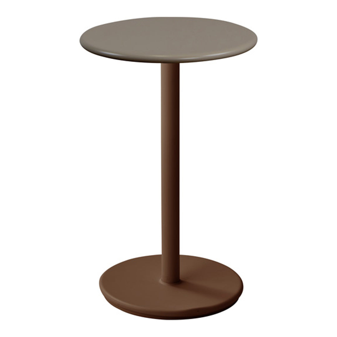 Modern round side table in muted taupe and rich brown tones with a smooth matte finish. Perfect for contemporary decor.