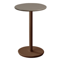 Modern round side table in muted taupe and rich brown tones with a smooth matte finish. Perfect for contemporary decor.