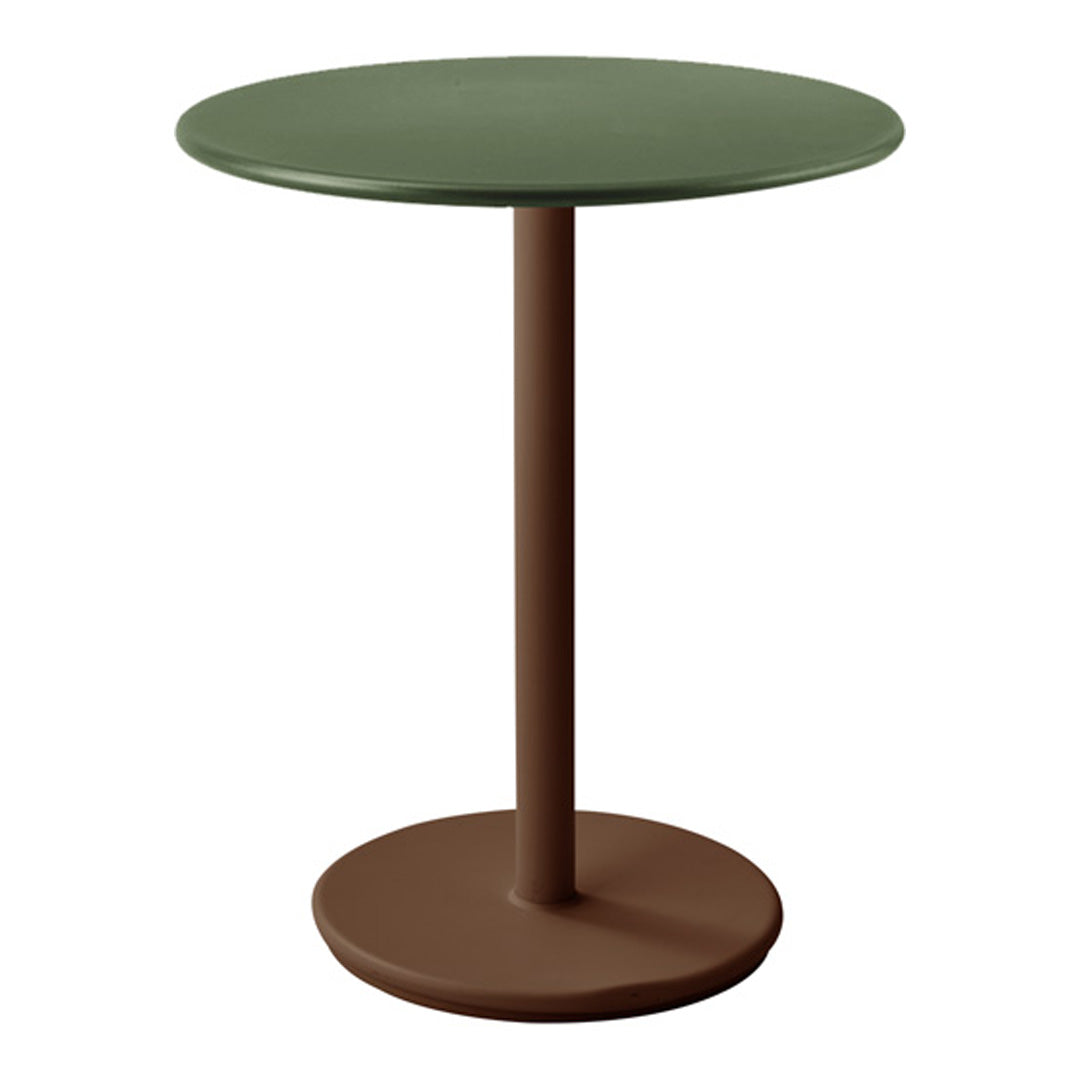 Green round tabletop with a brown base, featuring a sleek, modern design suitable for any decor style.