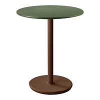 Green round tabletop with a brown base, featuring a sleek, modern design suitable for any decor style.