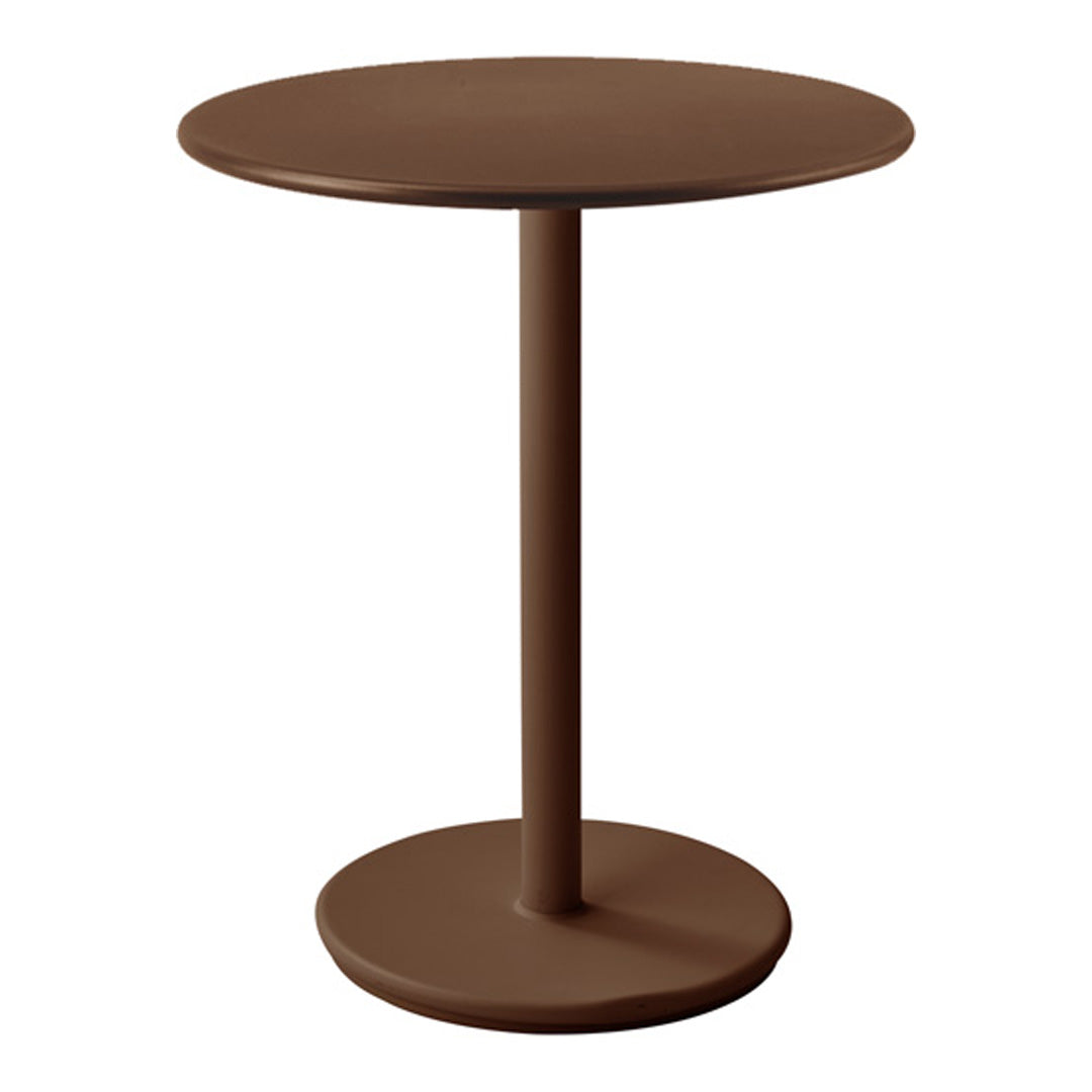 Brown round side table with a smooth, matte finish and a minimalist design. Perfect for modern decor.