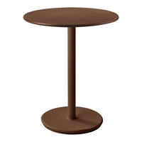 Brown round side table with a smooth, matte finish and a minimalist design. Perfect for modern decor.