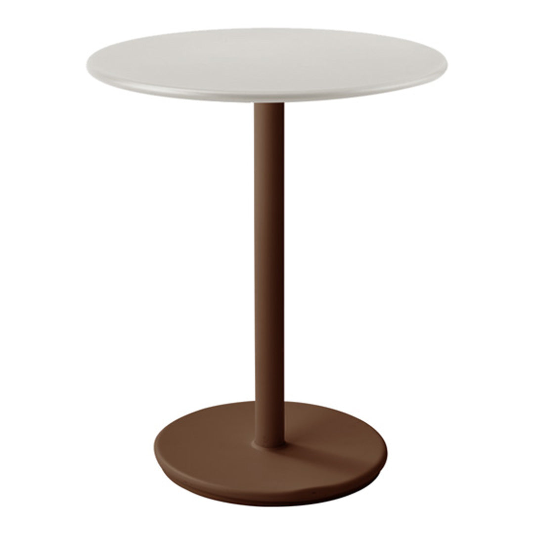 Round side table with a sleek white top and sturdy brown base, perfect for modern decor.