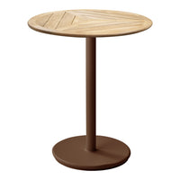 Light wood round tabletop with a diagonal pattern and a solid brown pedestal base. Ideal for modern decor.