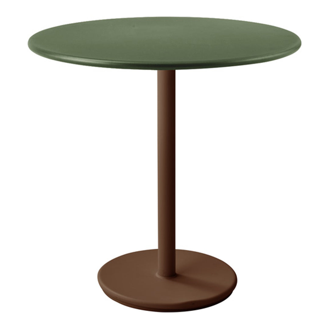 Round table with a dark green top and a brown base, featuring a minimalistic design and smooth finish.