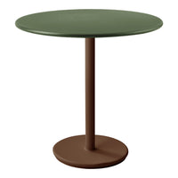 Round table with a dark green top and a brown base, featuring a minimalistic design and smooth finish.