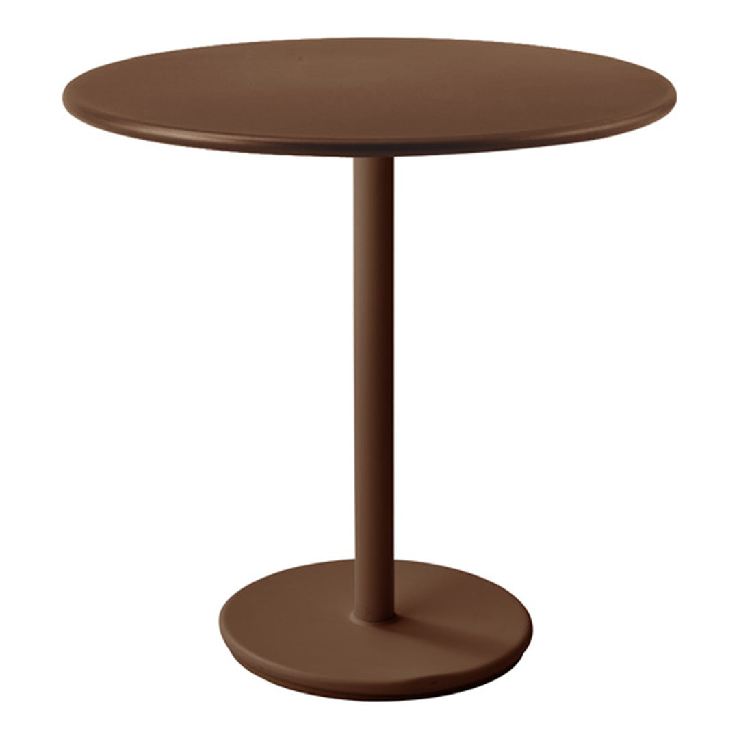 Round brown table with a smooth finish, featuring a sleek pedestal base and minimalist design.