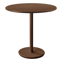 Round brown table with a smooth finish, featuring a sleek pedestal base and minimalist design.